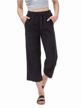 DKNY Pure Black Wide-Leg Cropped Pants - Women's Medium Comfort Fit Linen Blend